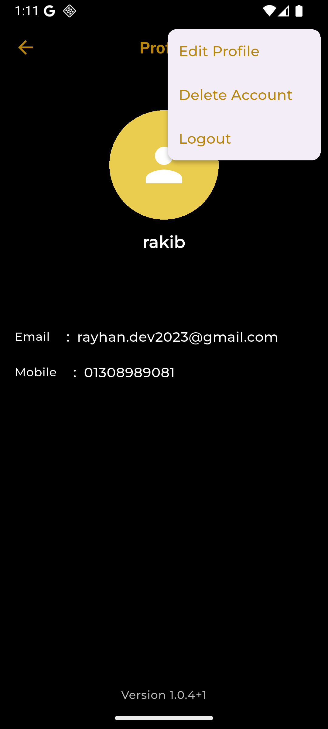 Profile menu with Delete Account option