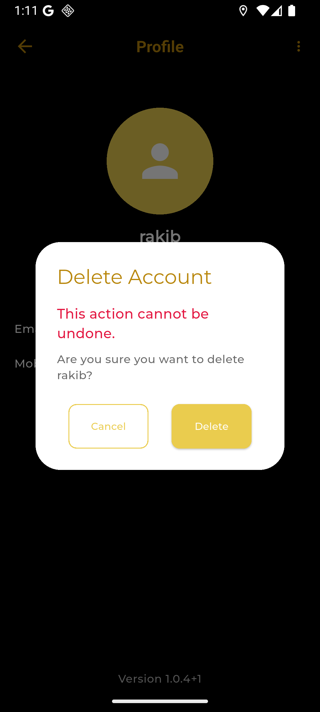 Delete Account confirmation dialog
